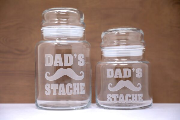 Dad’s Stache Mustache Etched Glass Treat Jar with Airtight Lid 4