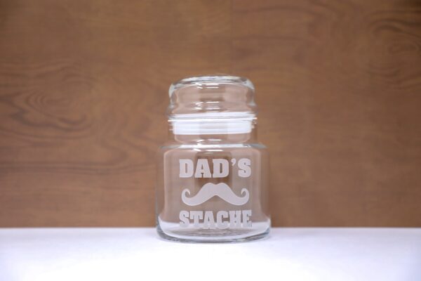 Dad’s Stache Mustache Etched Glass Treat Jar with Airtight Lid 3