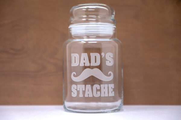 Dad’s Stache Mustache Etched Glass Treat Jar with Airtight Lid 2