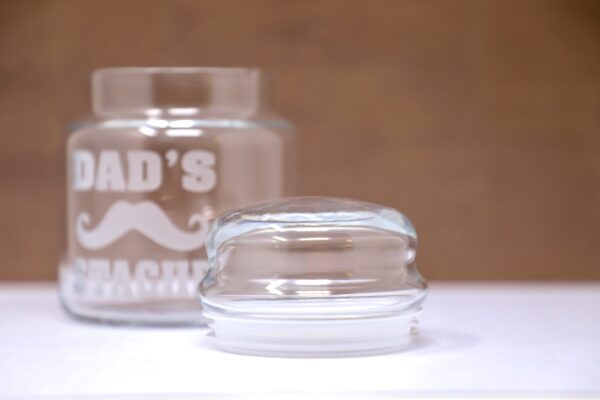 Dad’s Stache Mustache Etched Glass Treat Jar with Airtight Lid