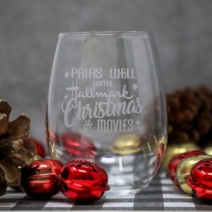 Pairs Well With Hallmark Christmas Movies Etched Stemless Wine Glass 2