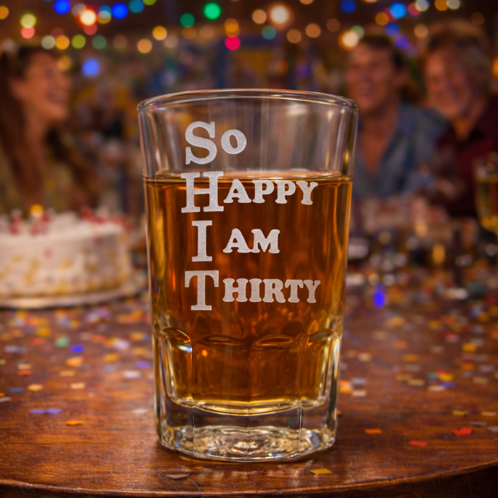 Funny 30th Birthday Gift – “Shit So Happy I’m Thirty” Etched Glass | Personalized 30th Birthday Drinkware | Gag Gift for Her or Him