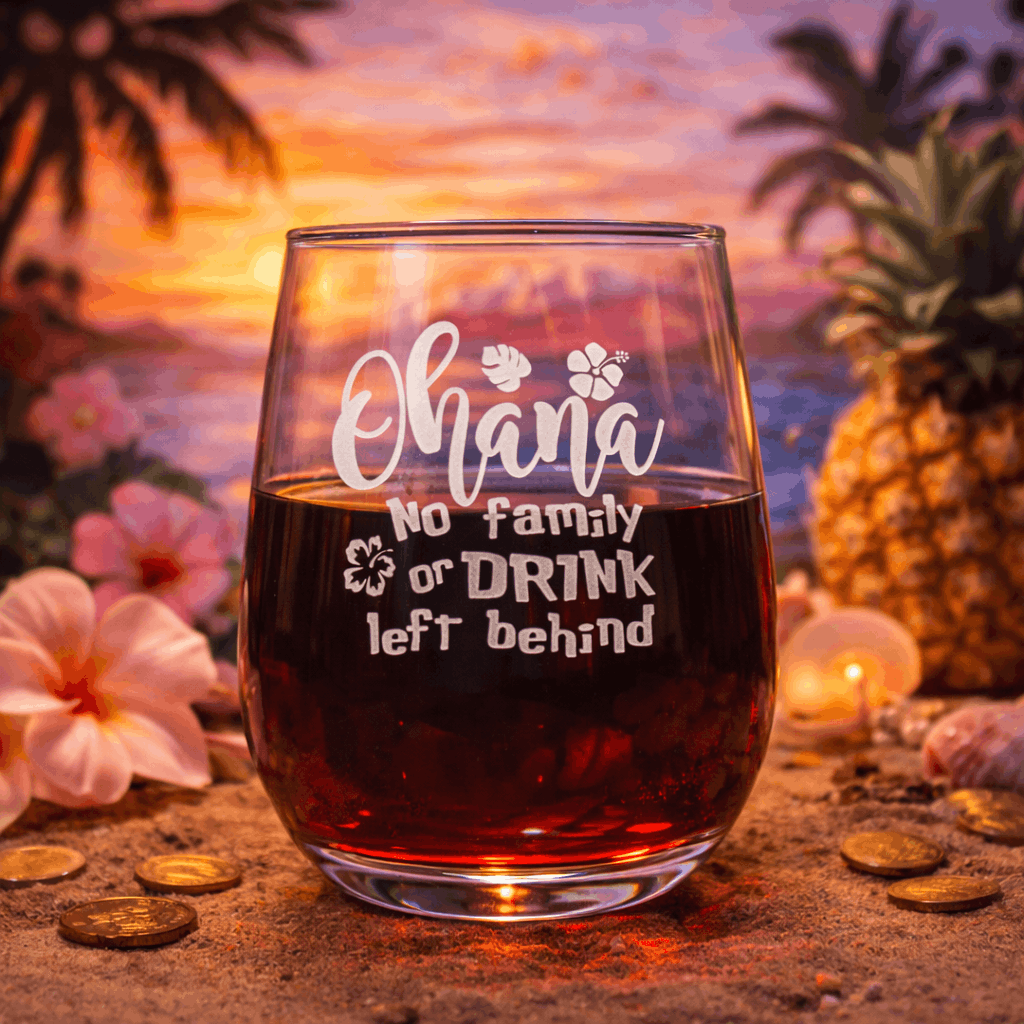 Funny “Ohana Means Family… Or Drink” Wine Glass | Adult Humor Gift | Tropical Inspired Drinkware | Personalized Wine, Beer, Whiskey Glass