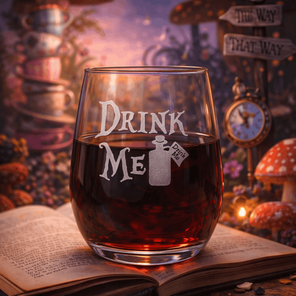 “Drink Me” Etched Glass | Wonderland Inspired Drinkware | Personalized Wine, Whiskey, Beer Glass | Funny & Whimsical Gift