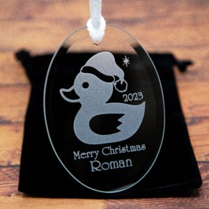 Etched Glass Ornament Rubber Duck Santa Hat | Jeep Ducking Christmas Gift | Sandblast Etched Holiday Tree Decoration
