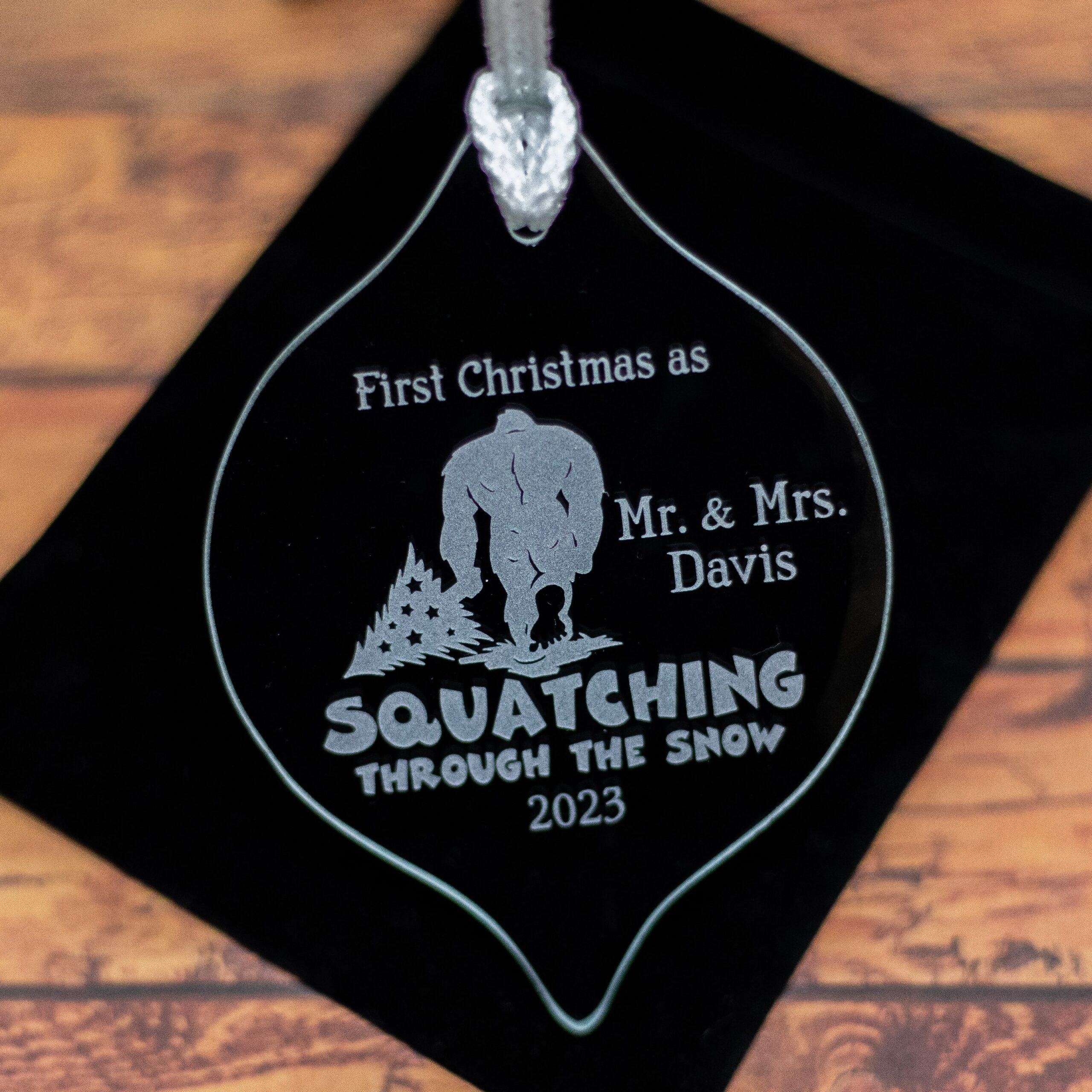 Bigfoot Ornament | Squatching Through the Snow Engraved Glass Christmas Ornament | Sasquatch Holiday Gift