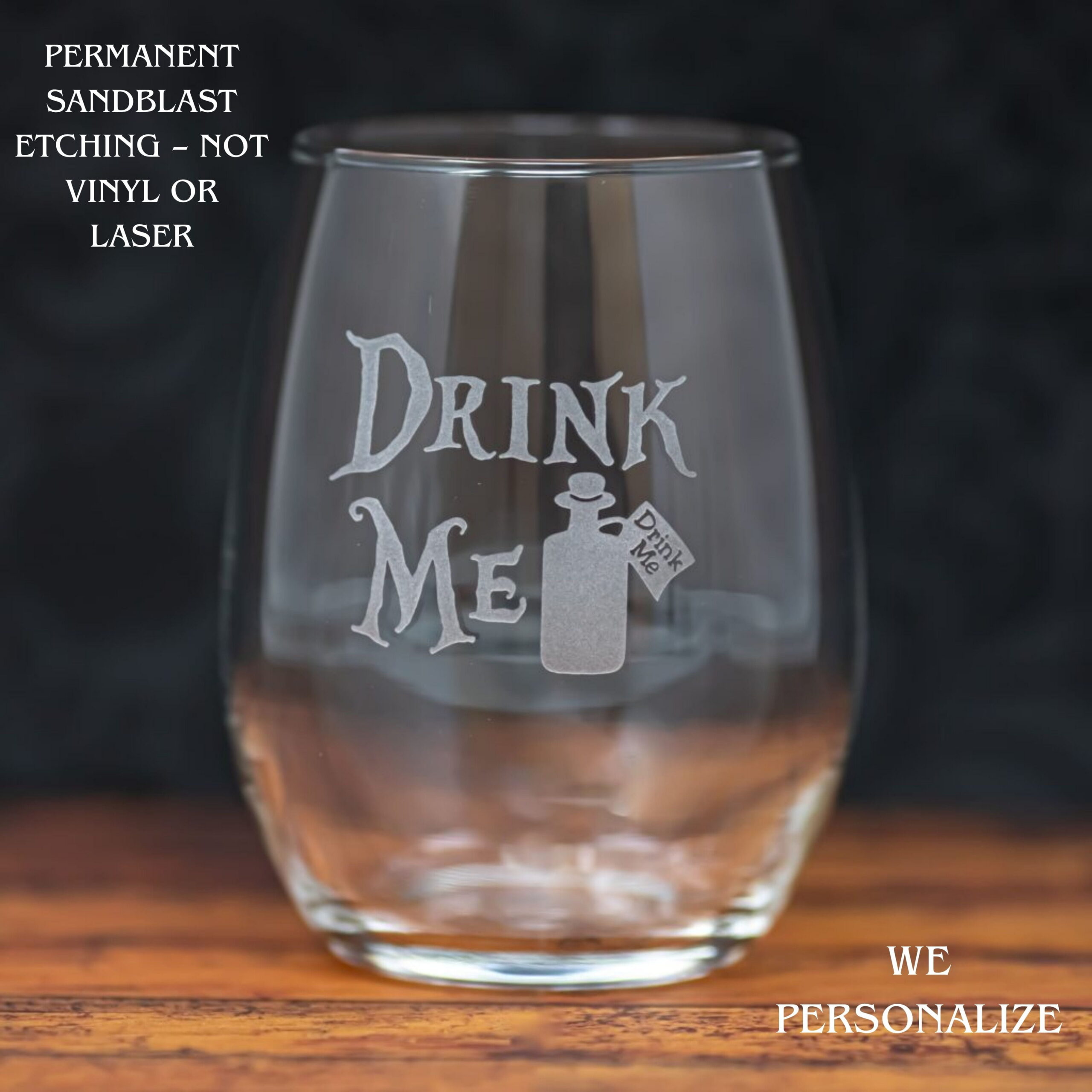 “Drink Me” Etched Glass | Wonderland Inspired Drinkware | Personalized Wine, Whiskey, Beer Glass | Funny & Whimsical Gift - Image 2