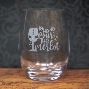 Ho Ho Ho Pour the Merlot Etched Wine Glass | Sandblast Engraved Christmas Wine Glass | Funny Holiday Gift for Wine Lovers