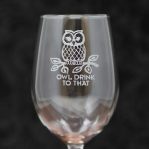 Sandblast Etched OWL Drink to That Glass | Funny Owl Pun Drinkware | Etched Whiskey Pint or Wine Glass | Nature Lover Gift | Bird Pun Cup