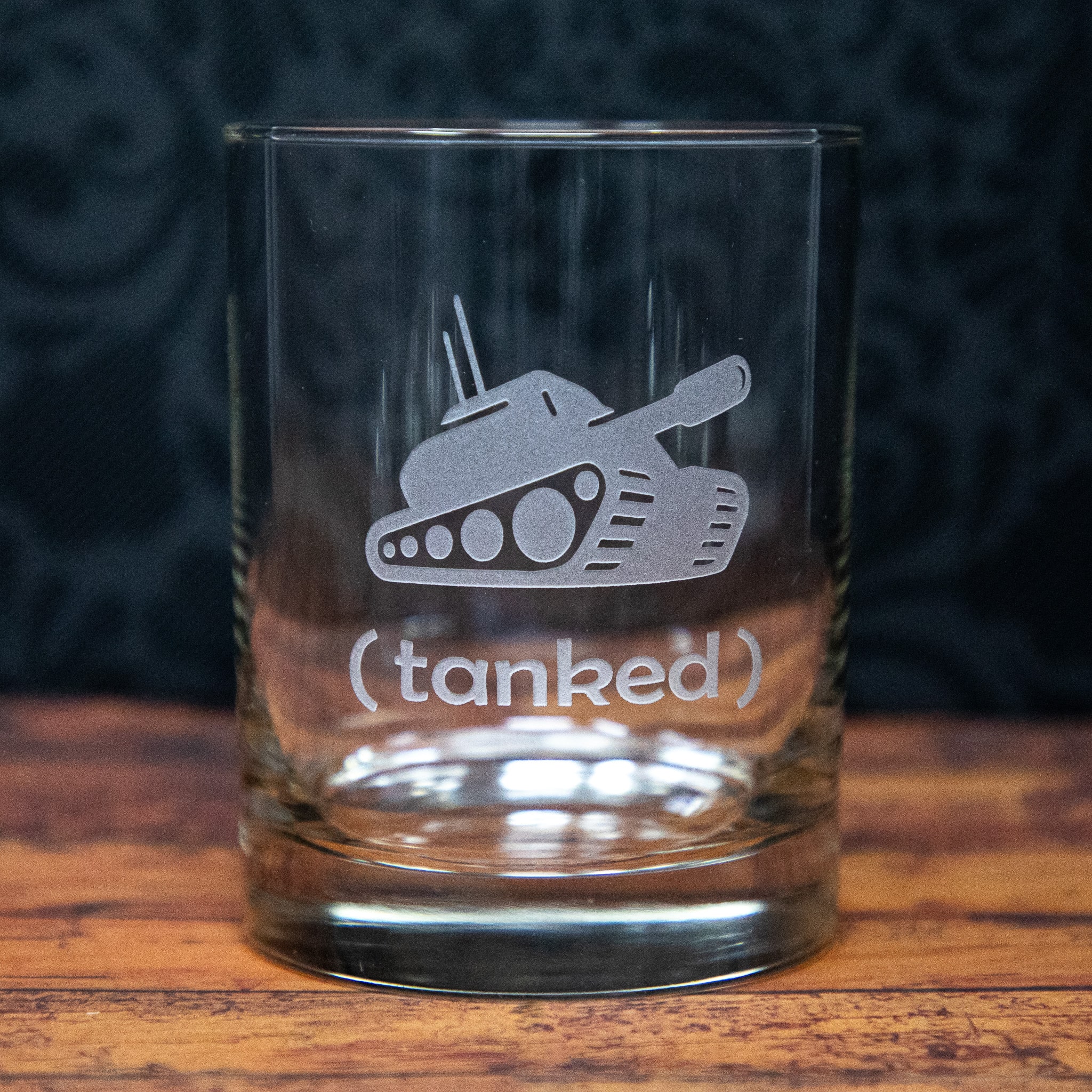 Sandblast Etched “TANKED” Glass with Tank Design | Funny Drinking Pun Glass | Military Gift | Etched Whiskey, Beer, or Wine Glass | Humor Drinkware