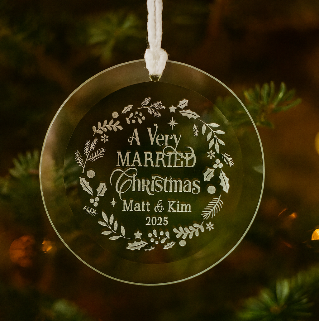 Personalized A Very Married Christmas Glass Ornament | Sandblast Etched Newlywed Ornament | Custom Married First Christmas Gift | Wedding Couple Holiday Decor