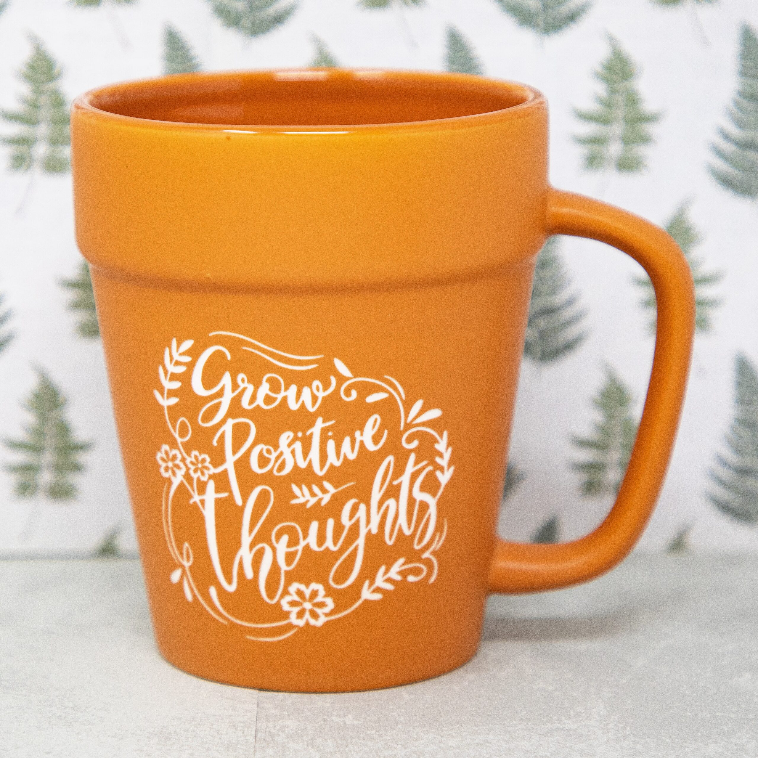 Grow Positive Thoughts Flower Pot Mug | Sandblast Etched Terra Cotta Cup | Inspirational Plant Lover Gift | Gardener Coffee Mug | Positive Mindset Mug