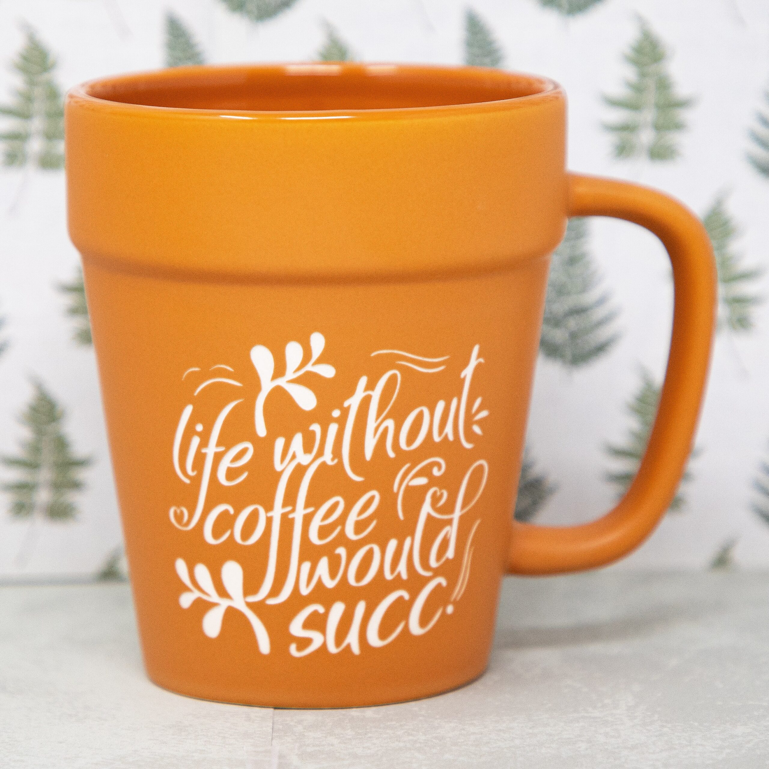 Life Without Coffee Would Succ Mug | Funny Succulent Pun Flower Pot Cup | Sandblast Etched Terra Cotta Mug | Plant Lover Coffee Gift | Gardener Humor