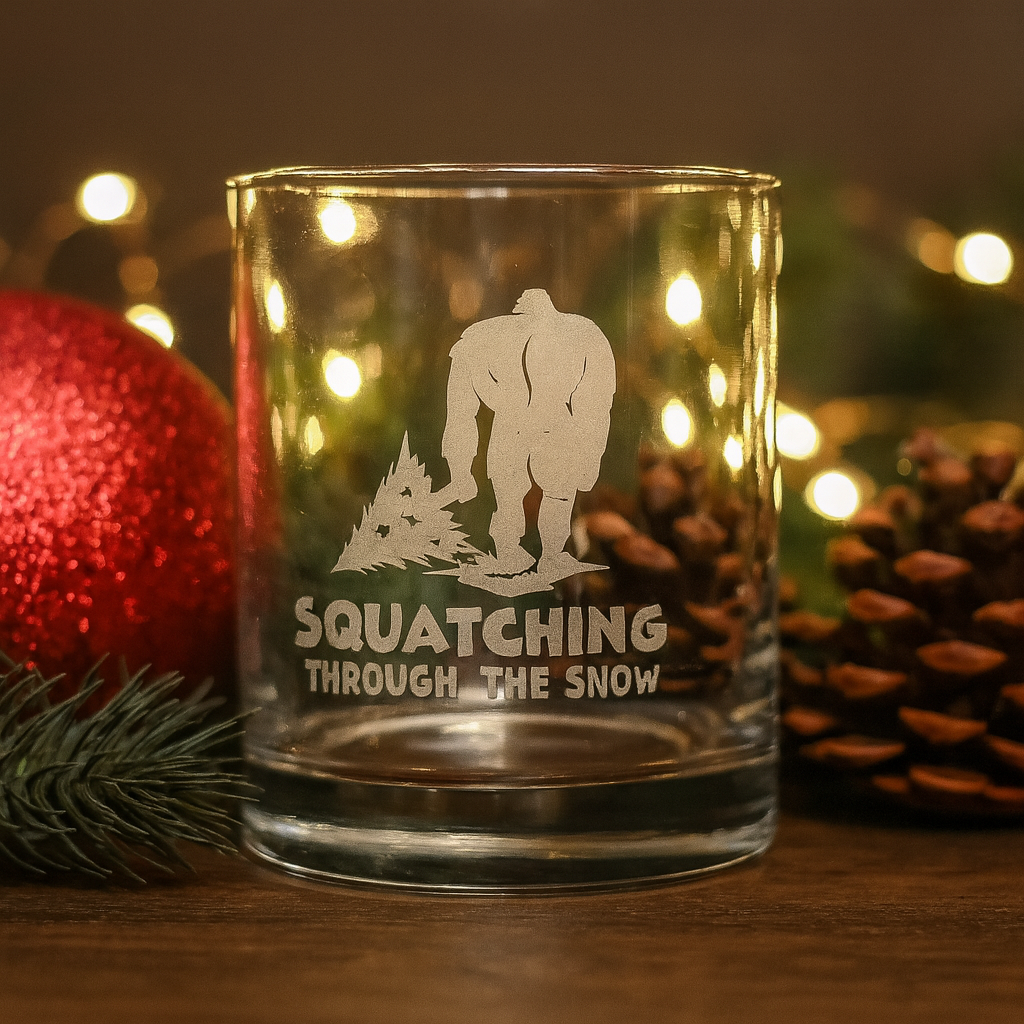 Squatching Through the Snow Bigfoot Christmas Glass | Sandblast Etched Drinkware | Sasquatch Holiday Gift | Bigfoot Dragging Christmas Tree | Funny Christmas Glass